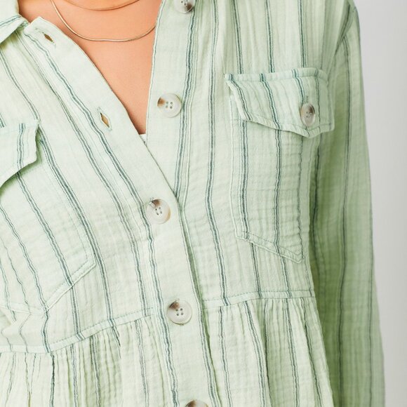 MYSTREE Mint Green Striped Button-Up Top, Textured Peplum Blouse, Long Sleeve - Picture 4 of 4